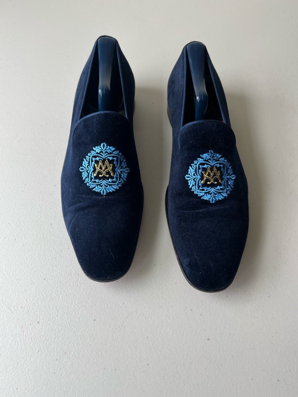 Mezlan Custom Velvet Loafers Mens 10  Blue Tuxedo Formal Shoes